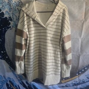 Maurices Cream and Brown Striped V-Neck Sweater